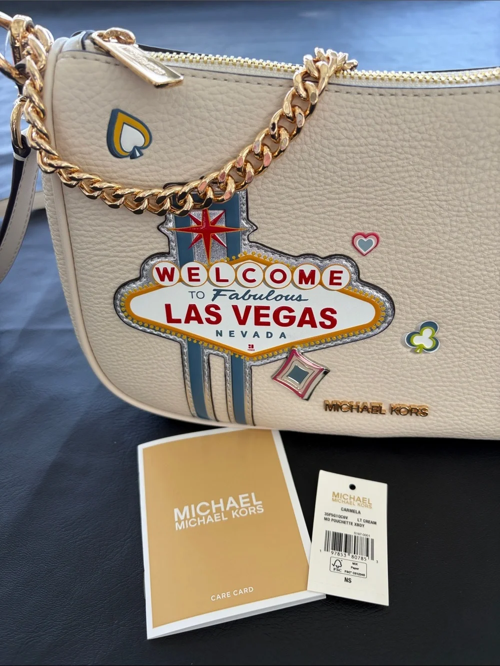 Michael Kors Beige Patchwork Las Vegas Crossbody with Gold Chain